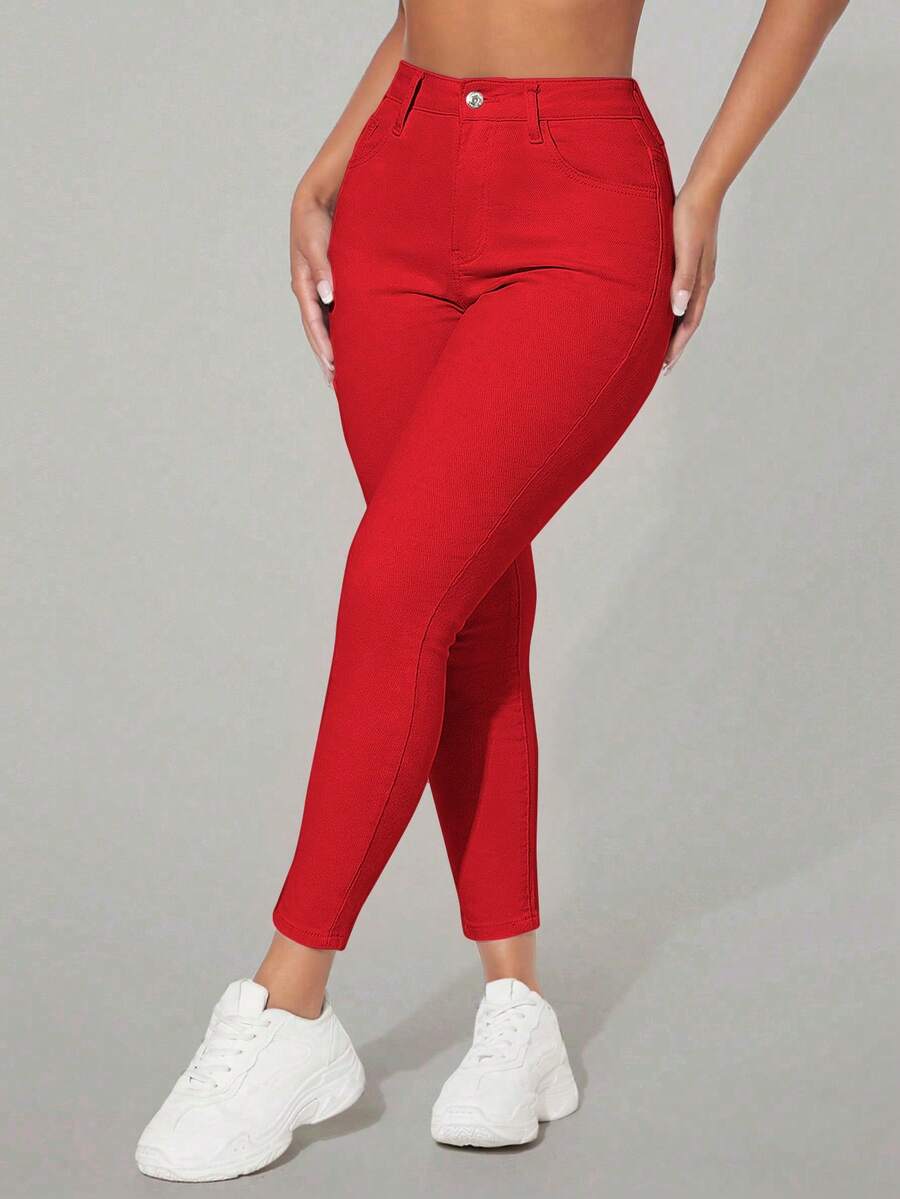 SHEIN PETITE 女款休閒街頭風純色斜口袋緊身牛仔褲,紅色,適合夏天外出,小個子女性 - 紅色 - 查看 1