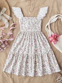 Pitira Tween Girls Ditsy Floral Spaghetti Strap Mid-Length Dress, Fitted Ruffle Sleeve Backless Bow Collar Textured Dress, Suitable For Spring And Summer - Multicolor - View 4