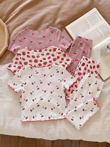 Pijama de niña bebé con estampado de dibujos animados y volantes en el bajo, conjunto de varias piezas, adecuado para el verano - Multicolor - Ver 2