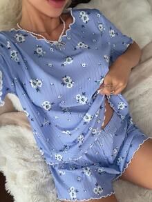 CottageSlumber Conjunto de pijama de manga corta y pantalones cortos con punto de costilla floral y tejido suelto para mujeres - Azul - Ver 6