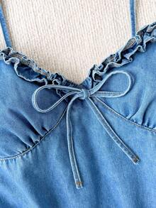 Soleia Vestido vaquero casual de verano con tirantes con volantes para mujer - Lavado ligero - Ver 4