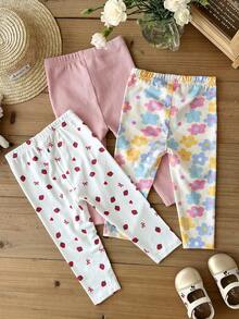 LMoss Kids Baby Girl Casual Cute Versatile Knitted Floral & Strawberry Pattern Elastic Waist Pants - Multicolor - View 2