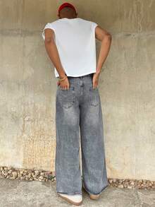 Ngobest Haus Ngobest Haus Quần jeans nam màu đen dáng rộng ống rộng, kiểu dáng thường ngày. - Màu Xám nhạt - Xem 3