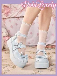 Dola Lovely Sapatos femininos azul-claro com salto plataforma e sola grossa, estilo Mary Jane, Lolita, JK, Gótico e Y2K. - Arco azul - Ver 4