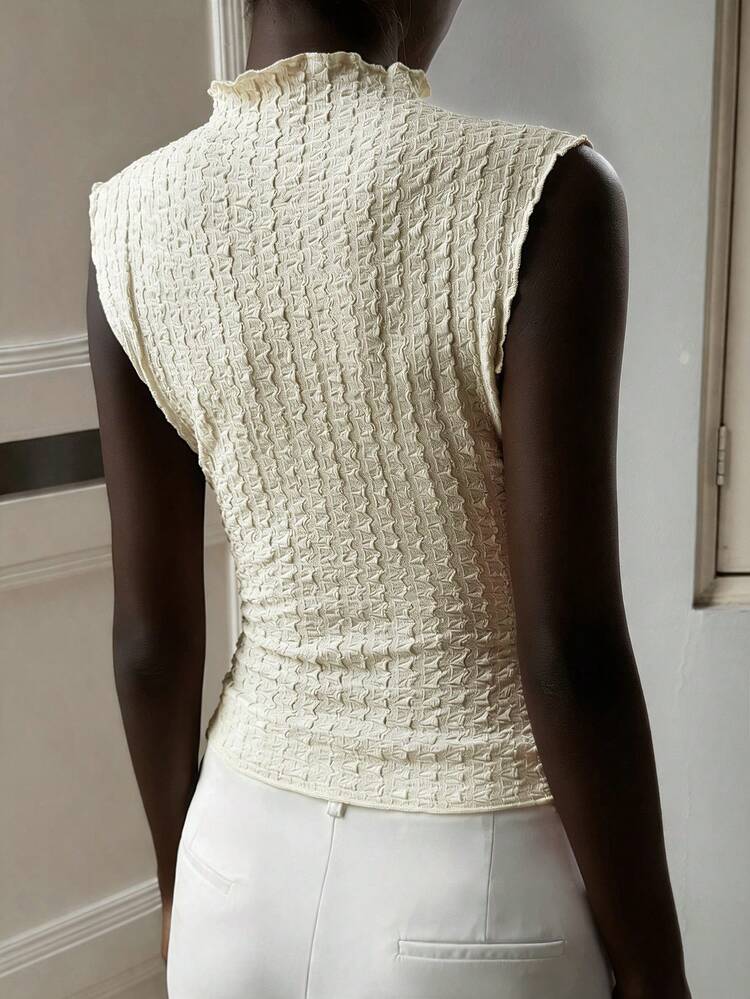 Women's Summer Casual Vacation Daily Commute Minimalist Solid Color Textured Fabric Funnel Neck Fitted Tank Top