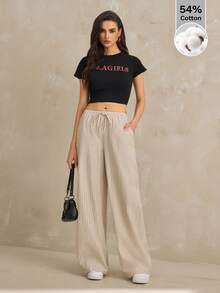 SHEIN Tall Pantalones casuales de mujer con estampado de rayas y bolsillo con nudo - Caqui - Ver 6