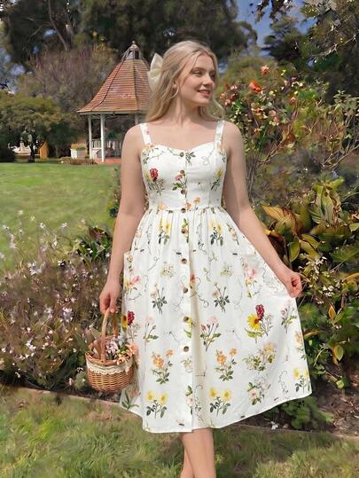 SHEIN MOD Vestido de tirantes con estampado floral talla grande, vestido casual con bolsillos laterales, adecuado para salidas diarias, vacaciones de verano, citas y reuniones