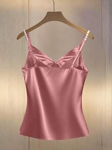 Franclia Camiseta sin tirantes minimalista y sexy con decoración de pliegues cruzados con tachuelas, camiseta ajustada - Rosa - Ver 2