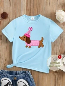 SHEIN Cute Brown Puppy Cartoon Animal Print Casual Basic Blue Short T-Shirt, Comfortable Daily Wear, Suitable For Spring, Summer And Autumn Girls - Blue - View 4
