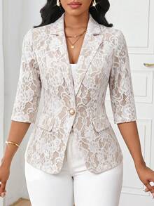 SHEIN Lady 女士优雅蕾丝薄款西装外套 - 白色 - 查看 4