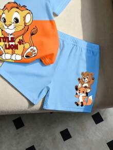 SHEIN Playful Pals 男婴可爱卡通动物拼接撞色圆领T恤和印花短裤套装，适合夏季，适合6个月至3岁的宝宝，沙滩度假风，休闲度假风，适合拍照、日常穿着、外出、街拍、节日庆典、送礼。 - 彩色 - 查看 4