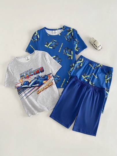 Conjunto de 4 piezas de pijamas ajustados para niños, con estampado de dibujos animados de carreras, suaves y cómodos, de manga corta y pantalón corto, para verano