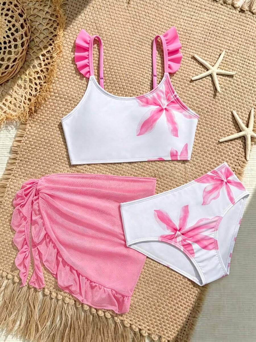 SHEIN 女童可爱碎花荷叶边比基尼套装,含沙滩罩衫 - 淺粉色 - 查看 1
