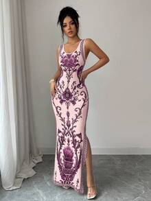 SHEIN Elenzya Printed Chinoiserie Waist-Cinching Slit Retro Elegant Middle Eastern UAE Style Robe, Tight Fit, Pink, Sleeveless Night Out Vacation Summer - Coral Pink - View 5