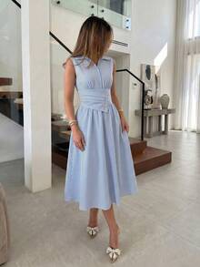 Modelyn Đầm nữ mùa xuân/hè màu xanh sọc, eo xếp ly, cài cúc, không tay, cổ đứng, dáng chữ A, thanh lịch, lãng mạn, dài ngang gối. - Màu xanh lam - Xem 5