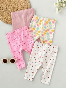4pcs/Set Newborn Baby Girls' Casual Everyday All-Match Colorful Floral & Striped Print Bottoms, Spring/Summer - Multicolor - View 4