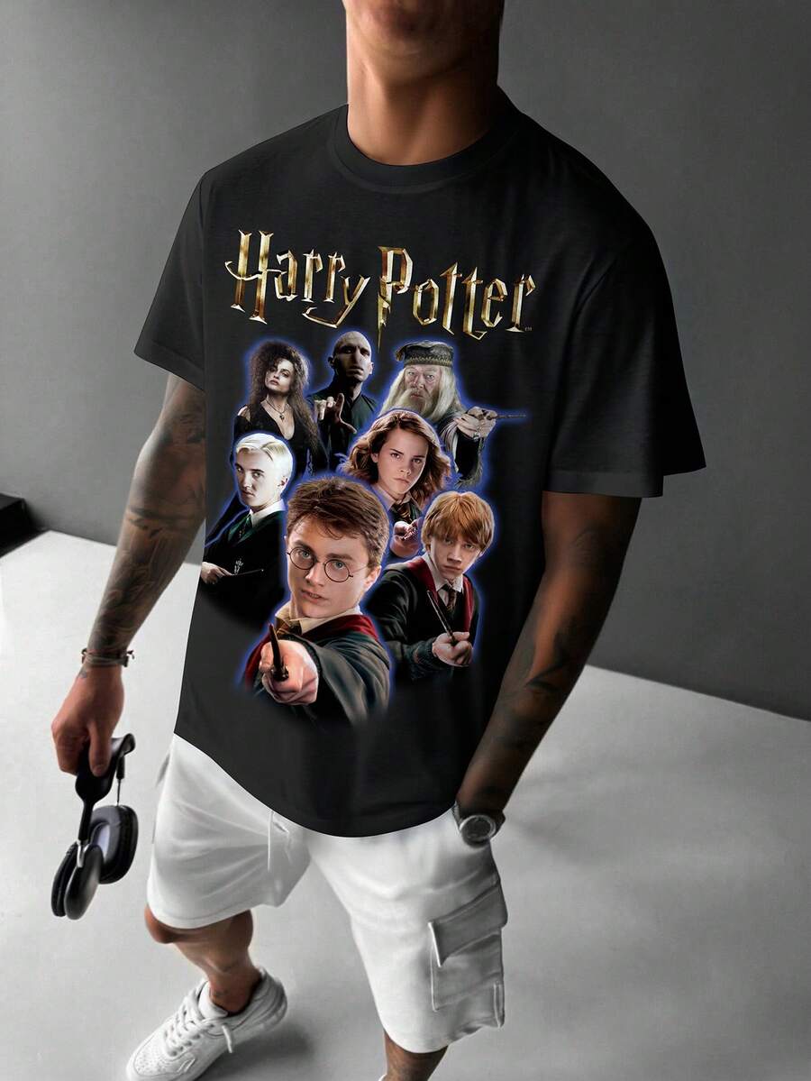 HARRY POTTER X SHEIN Áo thun nam tay ngắn cổ tròn, thời trang, đa năng. - trắng - Xem 1
