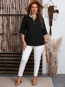 EMERY ROSE Casual Minimalist Style Black Shirt With Shell Embroidery Contrast Color Decor, Versatile For Spring/Summer,Summer Top - Multicolor - View 5