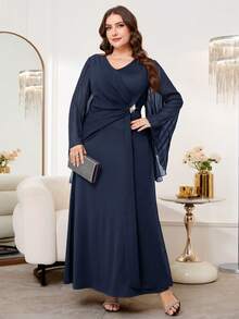 Reflora Plus Size Women V-Neck Faux Pearl Decor Ruched Casual Elegant Party Dinner Formal Wedding Guest Dress Navy Blue Autumn Fall - Navy Blue - View 3