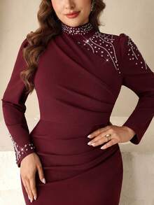 Coutiva Plus Size Women's Elegant Rhinestone Embellished Ruched Waist Dress With Train, Suitable For Spring And Autumn - Burgundy - View 8