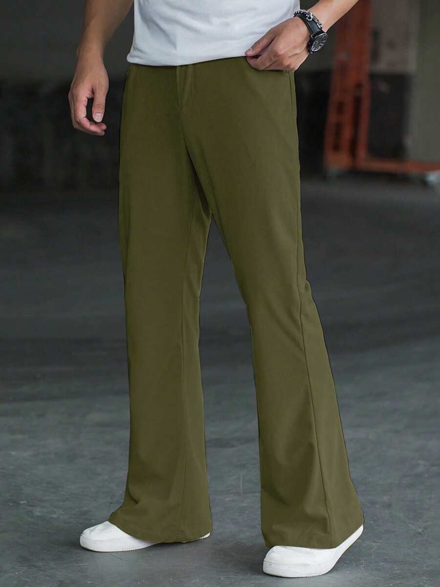 Manfinity Homme Men's Solid Color Slant Pocket Casual Low-Waist Flare Pants - Army Green - View 1