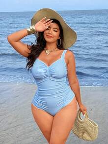 Swim Vcay Plus Size Women Striped Ruched Sexy One-Piece Swimsuit - Blue - View 4