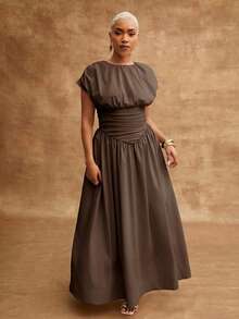 Vixey Solid Woven Round Neck Ruched Drop Waist Maxi Dress - Brown - View 4