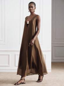 Aveloria Modichic Women's Solid Color Metal Decor Casual Party Long Dress - Coffee Brown - View 6