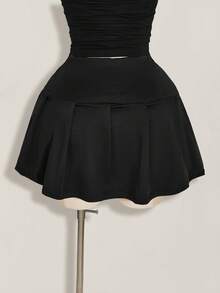 SHEIN ICON Plus Size Y2K Casual Retro Sexy Mini Pleated Slit Black Skirt Back-To-School Formal Graduation Summer - Black - View 2