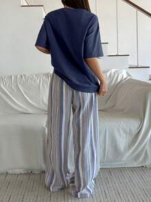 DAZY 2pcs Women Summer Casual Letter Print Loose T-Shirt Top And Striped Pajama Pants Sleepwear Set - Navy Blue - View 2