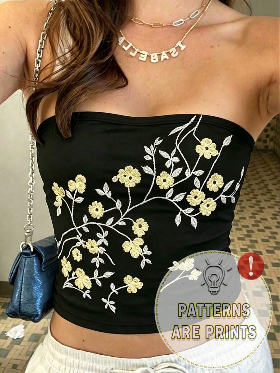INAWLY Patrón de bordado floral, estilo Y2K, top tubo de moda, adecuado para uso diario en verano - Negro - Ver 1
