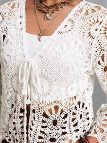Freevana Plus Size Hollow Out Knitted Cardigan, Suitable For Vacation Fall - White - View 3