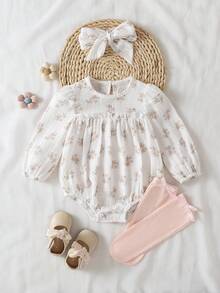 SHEIN 2件套可爱兔子刺绣毛球装饰婴儿连体衣，夏季 - 彩色 - 查看 1
