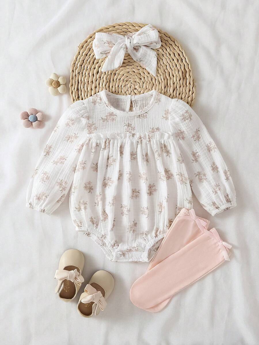 SHEIN 2件套可爱兔子刺绣毛球装饰婴儿连体衣,夏季 - 彩色 - 查看 1