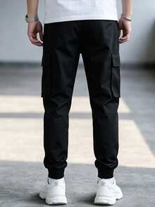 Manfinity Roghcode Men's Solid Color Slant Pocket Drawstring Waist Casual Cargo Pants - Black - View 2