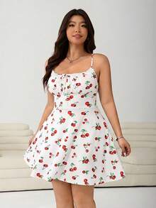 Solflare Plus Size Cherry Print Flare Hem Slip Dress, Waist-Cinched A-Line, Suitable For Spring & Summer, Beach Sundress, Holiday Outfits Boho, Corset - White - View 5