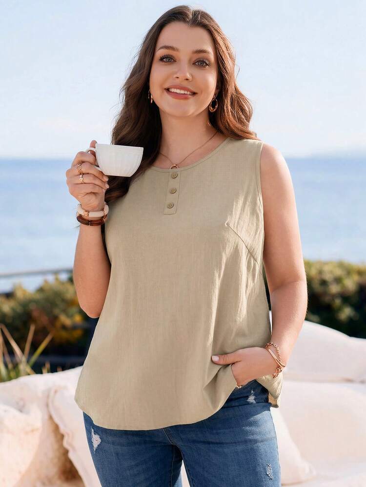 Plus Size Women's Summer Casual Vacation Country  Round Neck Solid Color Khaki Camisole Tank Top,  Daily Wear Tank Top Vest,Summer Outfits For Women ,Vacation Outfits Women ,Holiday Outfits For Women,Going Out Outfits,New Clothes,Simple And Fashionable For Everyday Wear,Suitable For Summer, Vacation, Daily Wear, Festival Outfits For Women,Al Tops, Blue Vests, Women's Summer Tops,Beach Outfits For Women,Going Out Tops