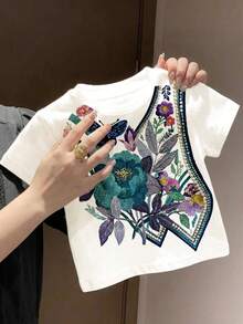 Baby Girls White Floral Summer T-Shirt, Cute Vacation Butterfly Plant Graphic Tee, Boho Pressed Wildflowers Top, Korean Style Casual Baby Girl Short Sleeve - Multicolor - View 5