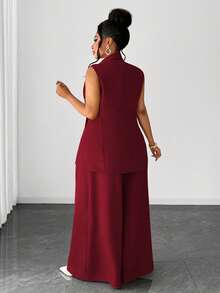 Maweii Setelan Rompi Kancing Ganda Elegan Ukuran Plus & Celana Panjang Lebar, Pakaian Kantor/Perjalanan - Burgundy - View 5