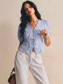 Poéselle Women's Casual Striped Tie-Front Shirt, Summer,Summer Top - Blue and White - View 6