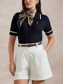 Briarwyn 女士短袖半拉链休闲钩针毛衣，夏季 - 藍白色 - 查看 4