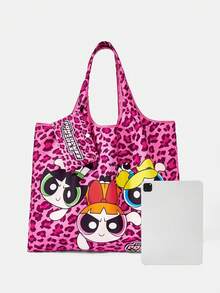 THE POWERPUFF GIRLS X SHEIN 1 件装，豹纹飞行女警图案折叠购物袋，大容量防水手提袋。 - 玫紅色 - 查看 4