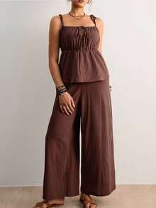 Freevana Plus Size Solid Color Ruched Bust Camisole And Wide Leg Pants 2 Pieces Set Outfit For Women Summer Clothes Boho Style Vacation Chocolate Brown Brunch - Coffee Brown - View 1