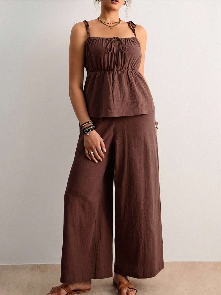Freevana Plus Size Solid Color Ruched Bust Camisole And Wide Leg Pants 2 Pieces Set Outfit For Women Summer Clothes Boho Style Vacation Chocolate Brown Brunch - Coffee Brown - View 1