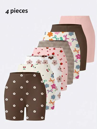 4pcs Girls Shorts, Summer Lightweight Children Casual Pants, Versatile Floral, Wave, Striped Print, Deep Brown, Sweet & Cute Style, Knit Fabric, Comfortable & Soft Leggings