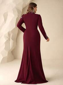 Coutiva Plus Size Women's Elegant Rhinestone Embellished Ruched Waist Dress With Train, Suitable For Spring And Autumn - Burgundy - View 2