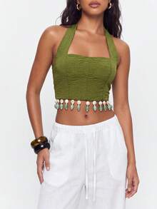 Avantive Women's Sexy Vacation Halter Neck Backless Top With Tassel Hem - Green - View 5