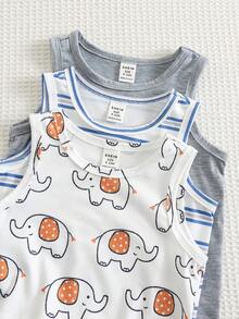 SHEIN Bộ 3 món cho bé trai sơ sinh mùa hè, kiểu dáng thường ngày, chất liệu dệt kim, họa tiết voi hoạt hình, áo liền quần không tay và quần short, trang phục cơ bản nhiều món, bộ áo liền quần và quần short đáng yêu. - Nhiều màu - Xem 4