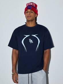Modcrash Men's Summer Geometric Line & Letter Graphic Print Loose Fit Pullover Sweatshirt, Navy Blue - Navy Blue - View 4