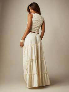 MISSGUIDED Paisley Textured Tiered Ruffle High Rise Full Circle Maxi Skirt Tie Details Flowing Silhouette Boho Summer Picnic Vacation White - Apricot - View 6